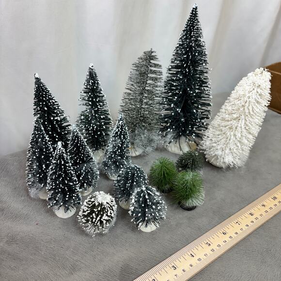 Evergreen Bottle Brush Trees Shrubs Lot of 15 Christmas Village Lemax More Snowy - Picture 4 of 4